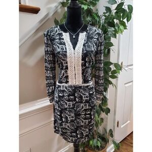 Merona Black & White Elephant Batik Print Long Sleeve 100% Rayon Dress Small